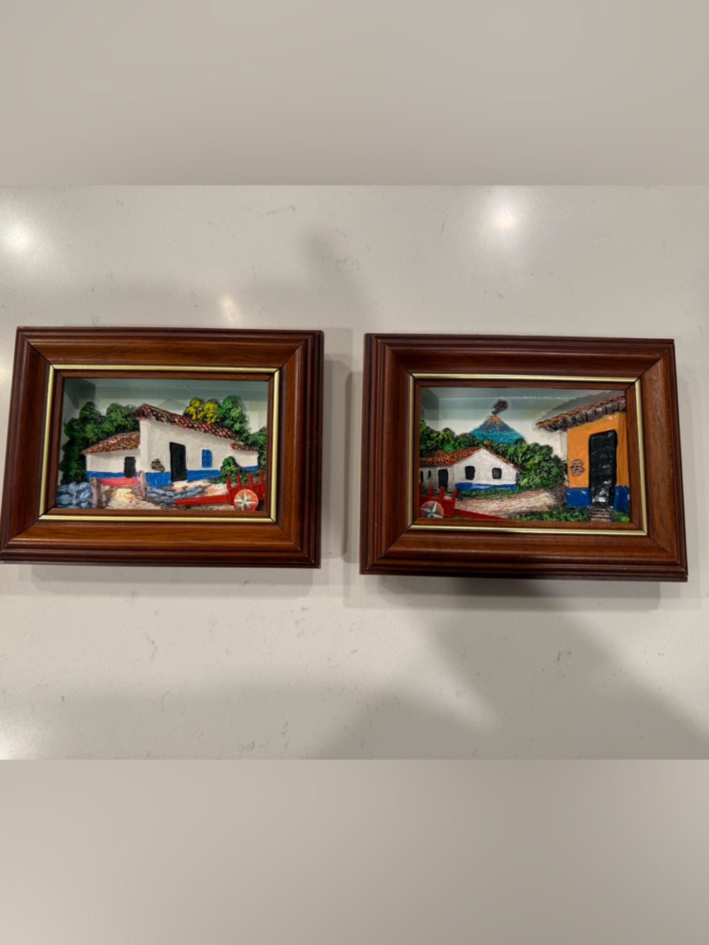 Handcrafted Brown Framed Village Wall Art Set - White & Blue Accents